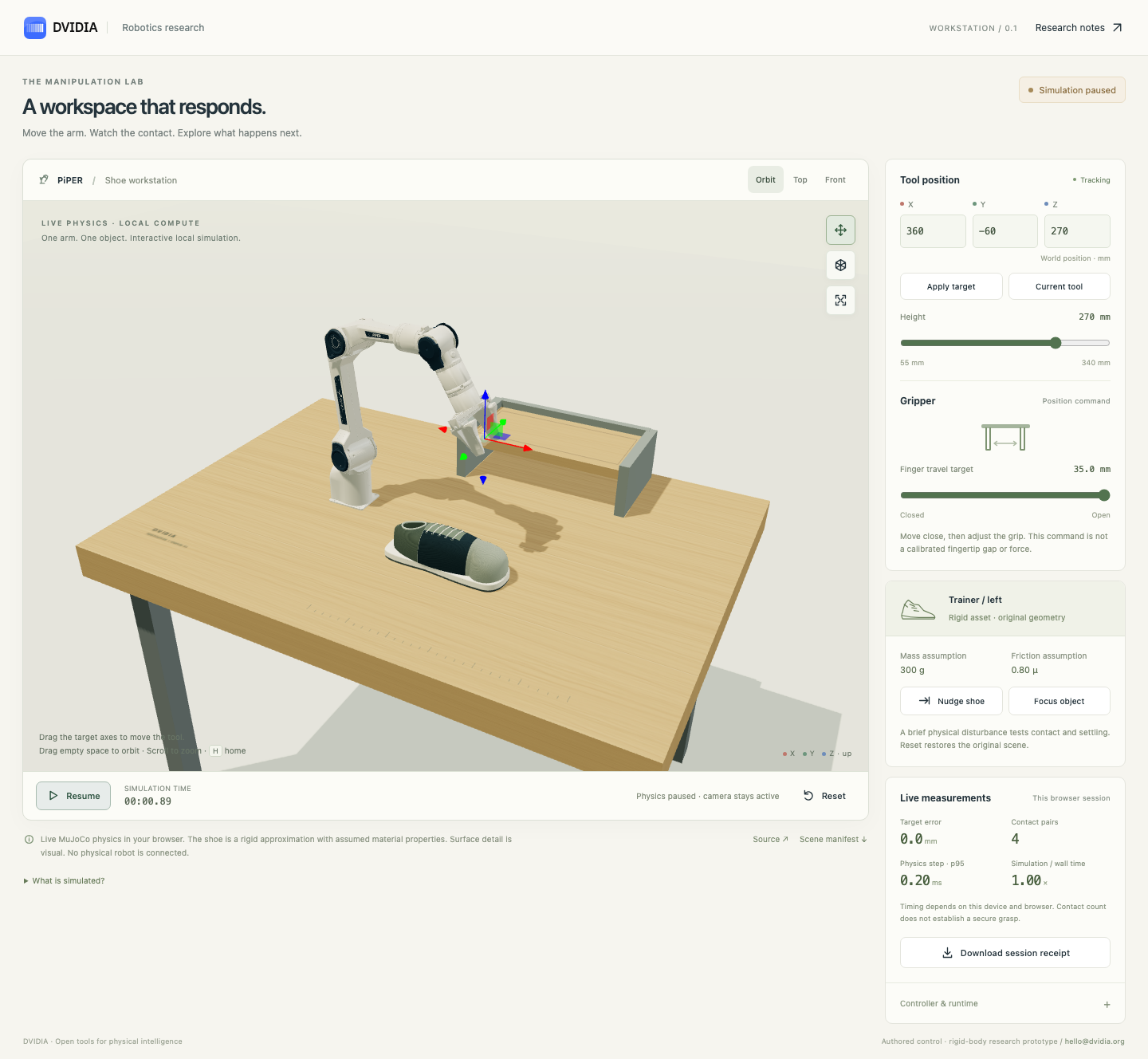 DVIDIA live PiPER workstation with the arm, rigid trainer, native target controls and session measurements